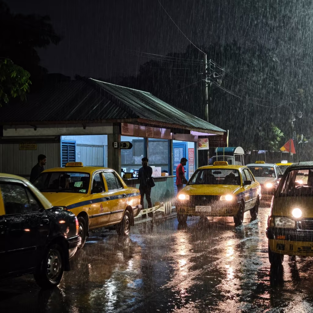 Rain-soaked Cox's Bazar taxi rank at night in by a rain-darkened kiosk in Cox's Bazar