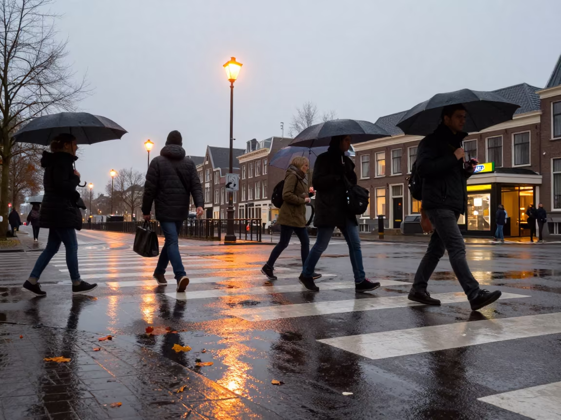 Rain Soaked Crosswalk Commuters Dusk Hague in outside a metro entrance in The Hague