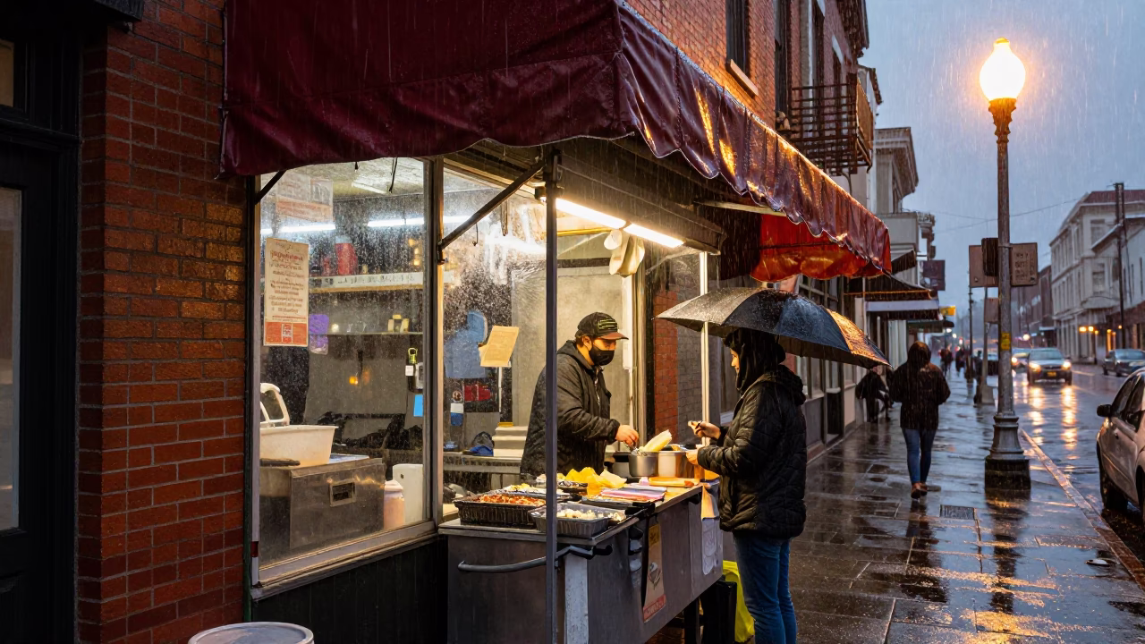 Rain-soaked Customer in San Francisco in in San Francisco, California, United States