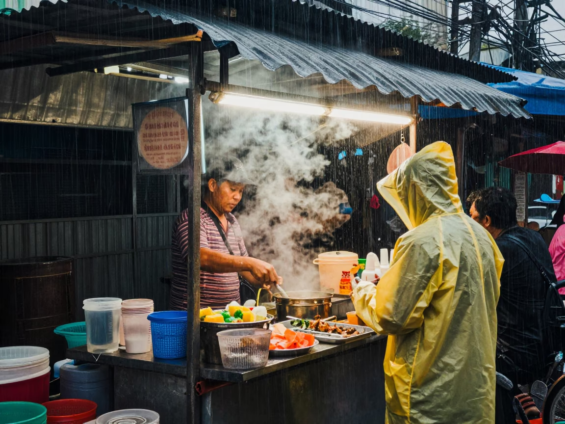 Rain-soaked Customers in Bangkok in in Bangkok, Thailand