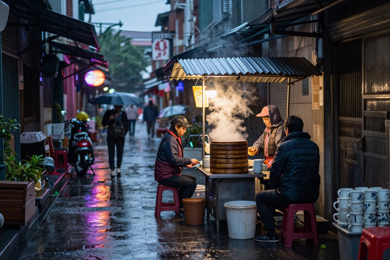 Rain-soaked Customers in Tainan in in Tainan, Taiwan