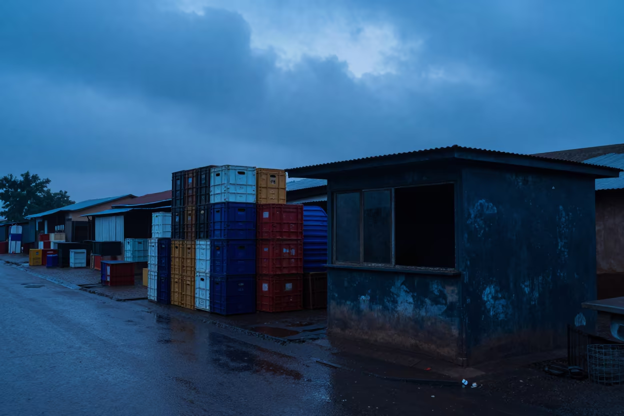 Rain-Soaked Delivery Crates in Garoua Alley in by a rain-darkened kiosk in Garoua