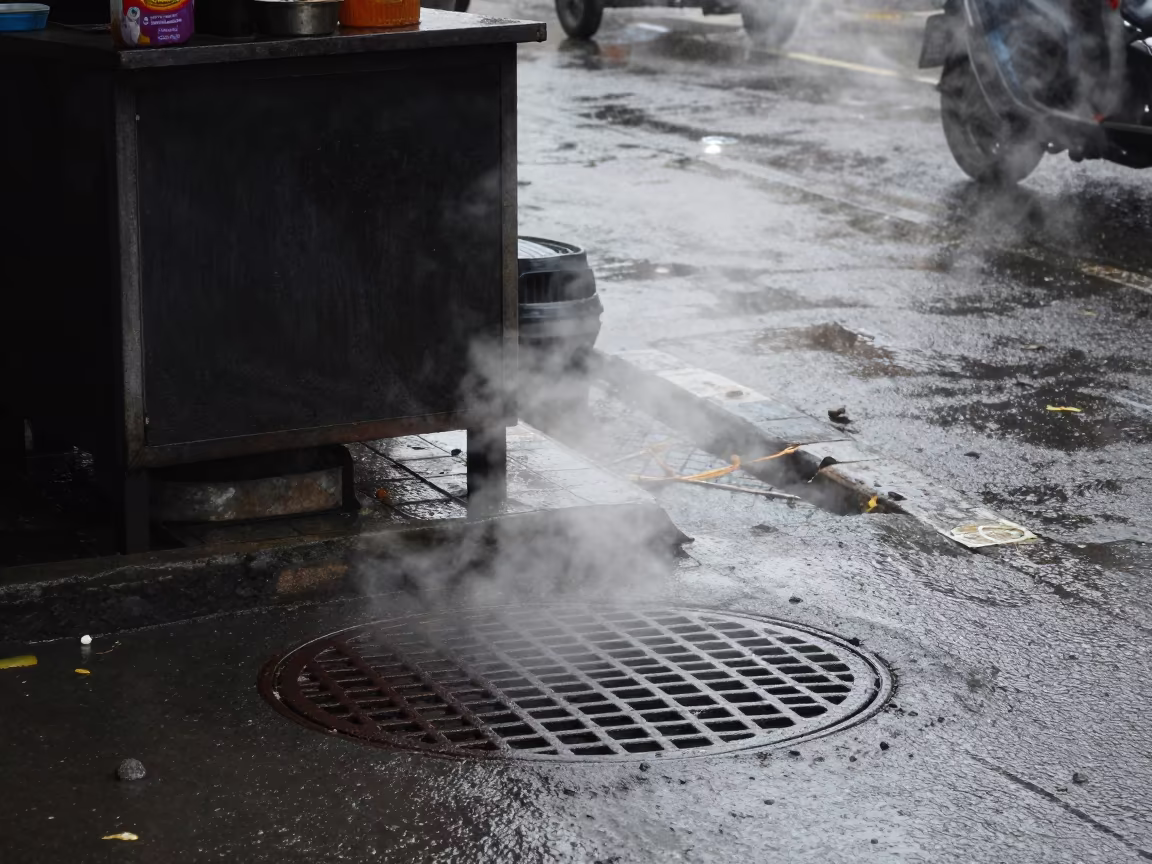 Rain-Soaked Dhaka Street Corner Manhole Steam in by a rain-darkened kiosk in Dhaka