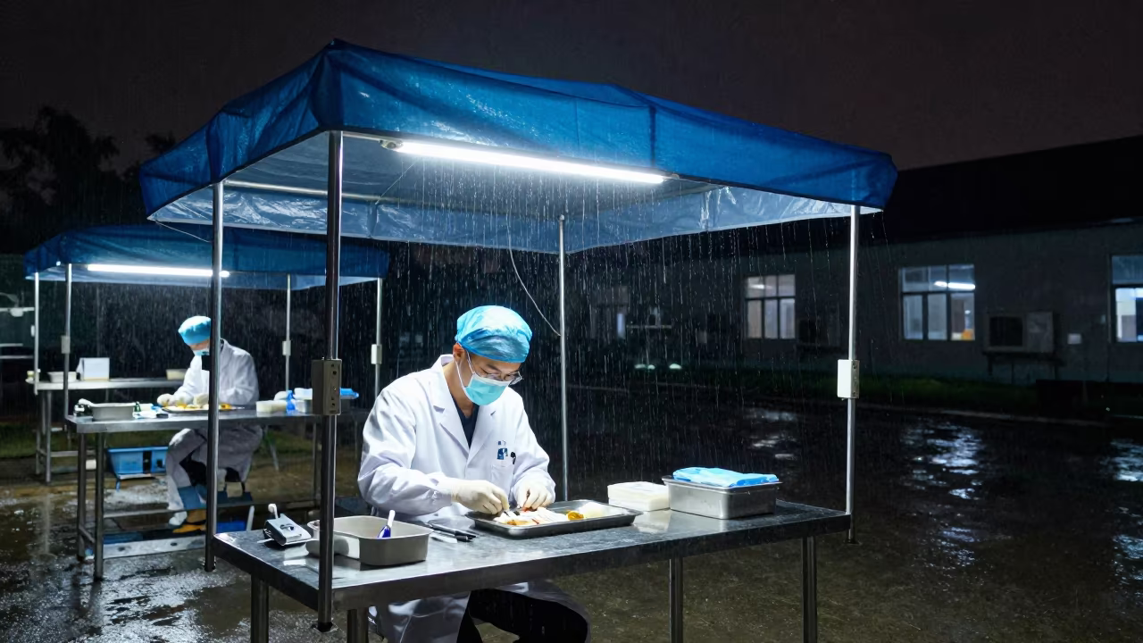 Rain-Soaked Doctor Works Under Canopy in Taiyuan in beneath a field clinic canopy in Taiyuan