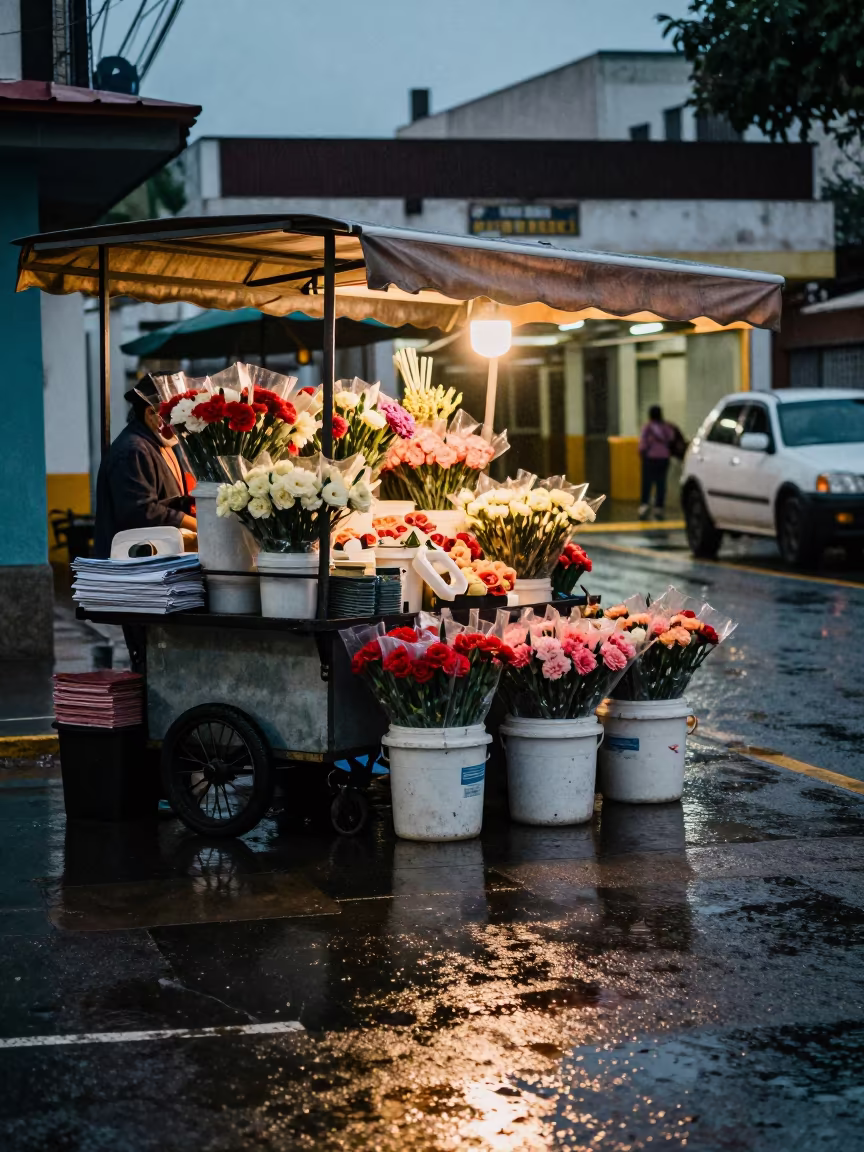 Rain-Soaked Flower Stand at Chiclayo Metro in outside a metro entrance in Chiclayo