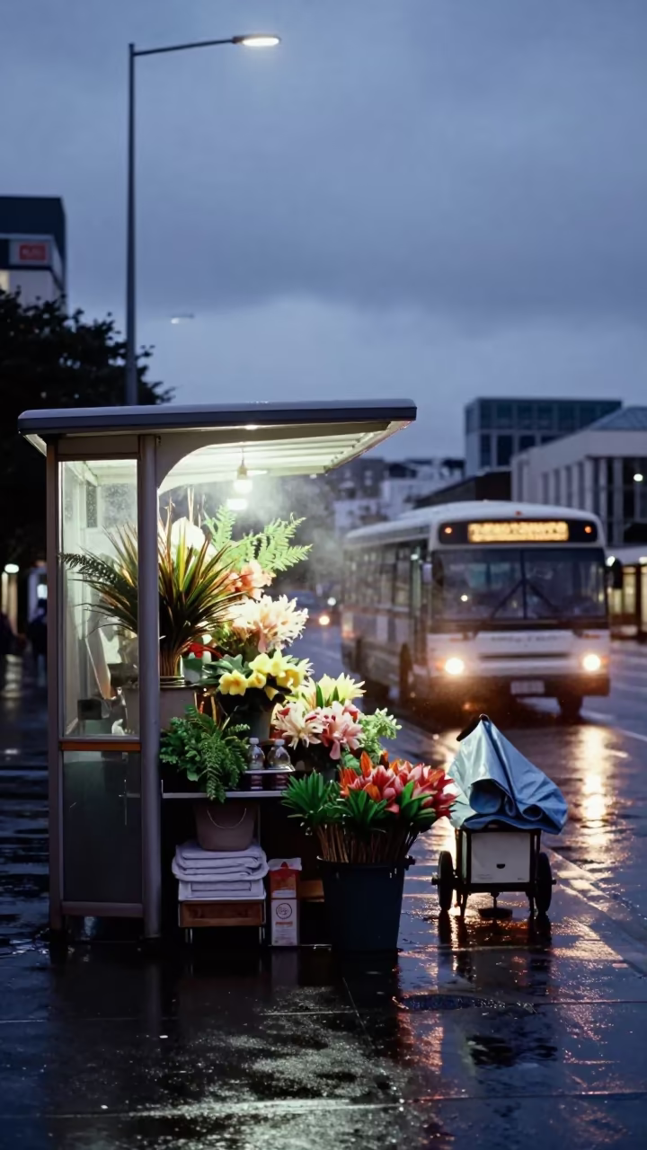 Rain-soaked Flower Stand Closing at Auckland Twilight in beside a steamed-up bus shelter in Auckland