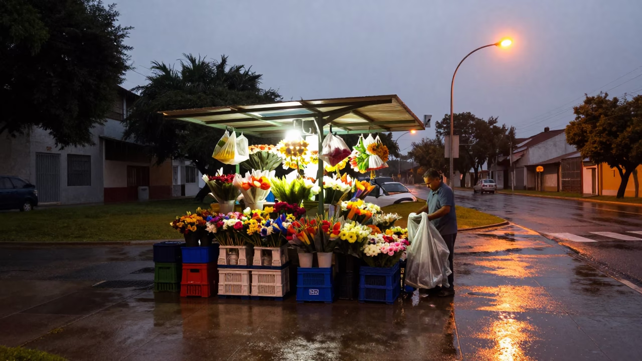 Rain-Soaked Flower Stand Twilight Avellaneda in by a rain-darkened kiosk in Avellaneda