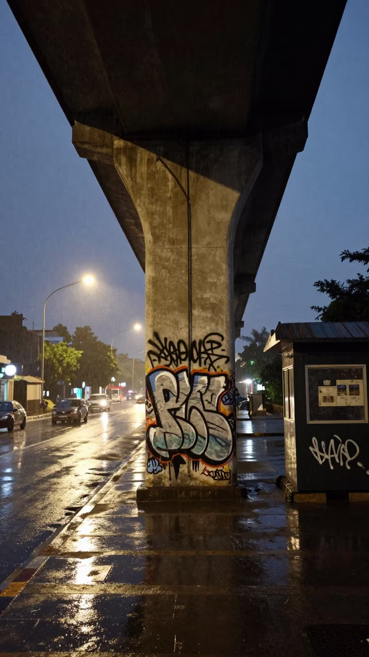 Rain-soaked graffiti silhouette on overpass column in Kismayo in by a rain-darkened kiosk in Kismayo