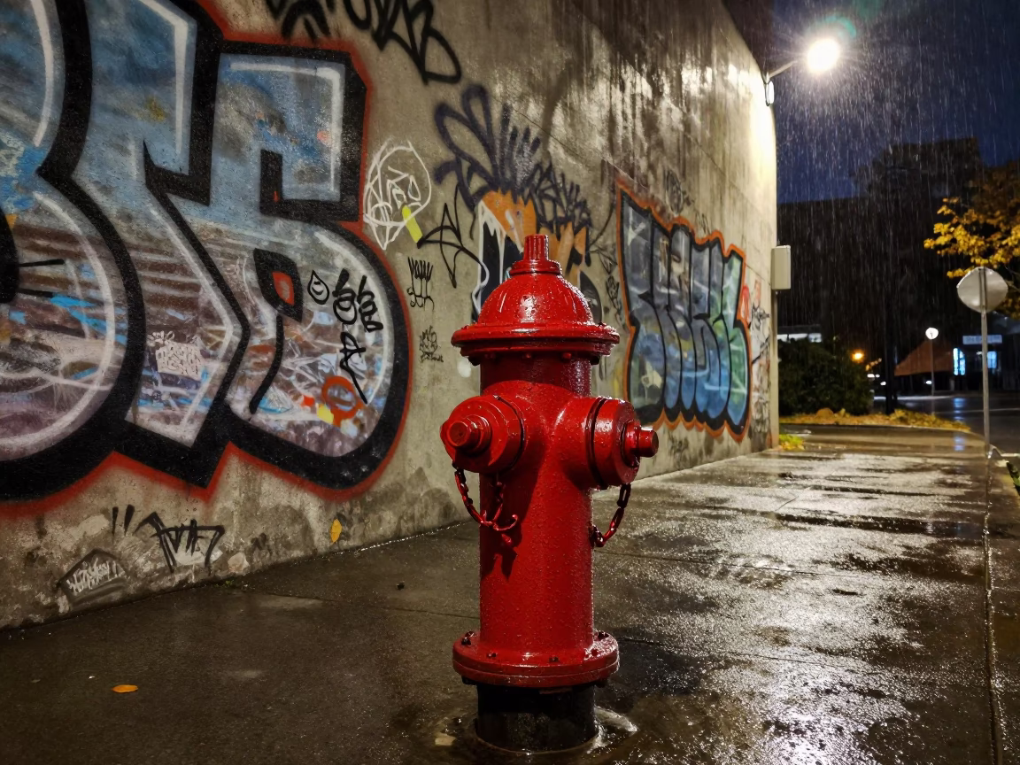Rain-soaked graffiti wall behind hydrant in beneath a flickering underpass light in Winnipeg