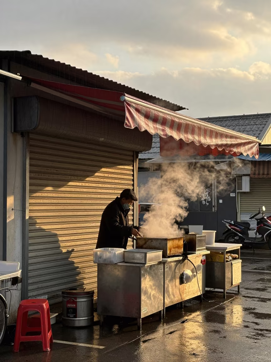 Rain-Soaked Hot Dog Stand Closing at Dusk in outside a corner cafe in Anyang