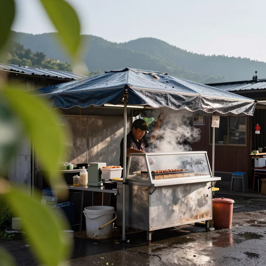 Rain-Soaked Hot Dog Stand Closing in Kut in by a rain-darkened kiosk in Kut