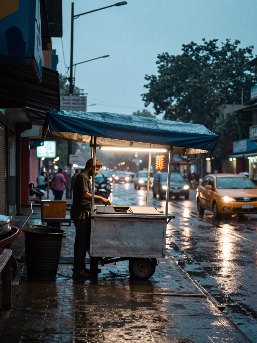 Rain-Soaked Hot Dog Stand Closing in outside a metro entrance in Satna