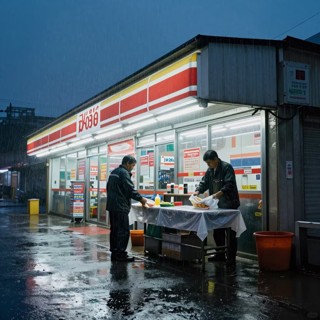 Rain Soaked Hot Dog Stand Midnight Closing in outside a fluorescent convenience store in Morogoro