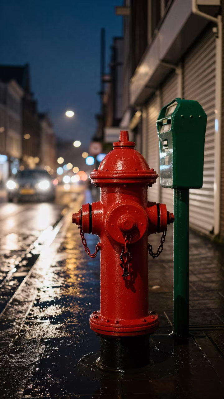 Rain Soaked Hydrant Chained to Meter Hague in along a shuttered arcade in The Hague