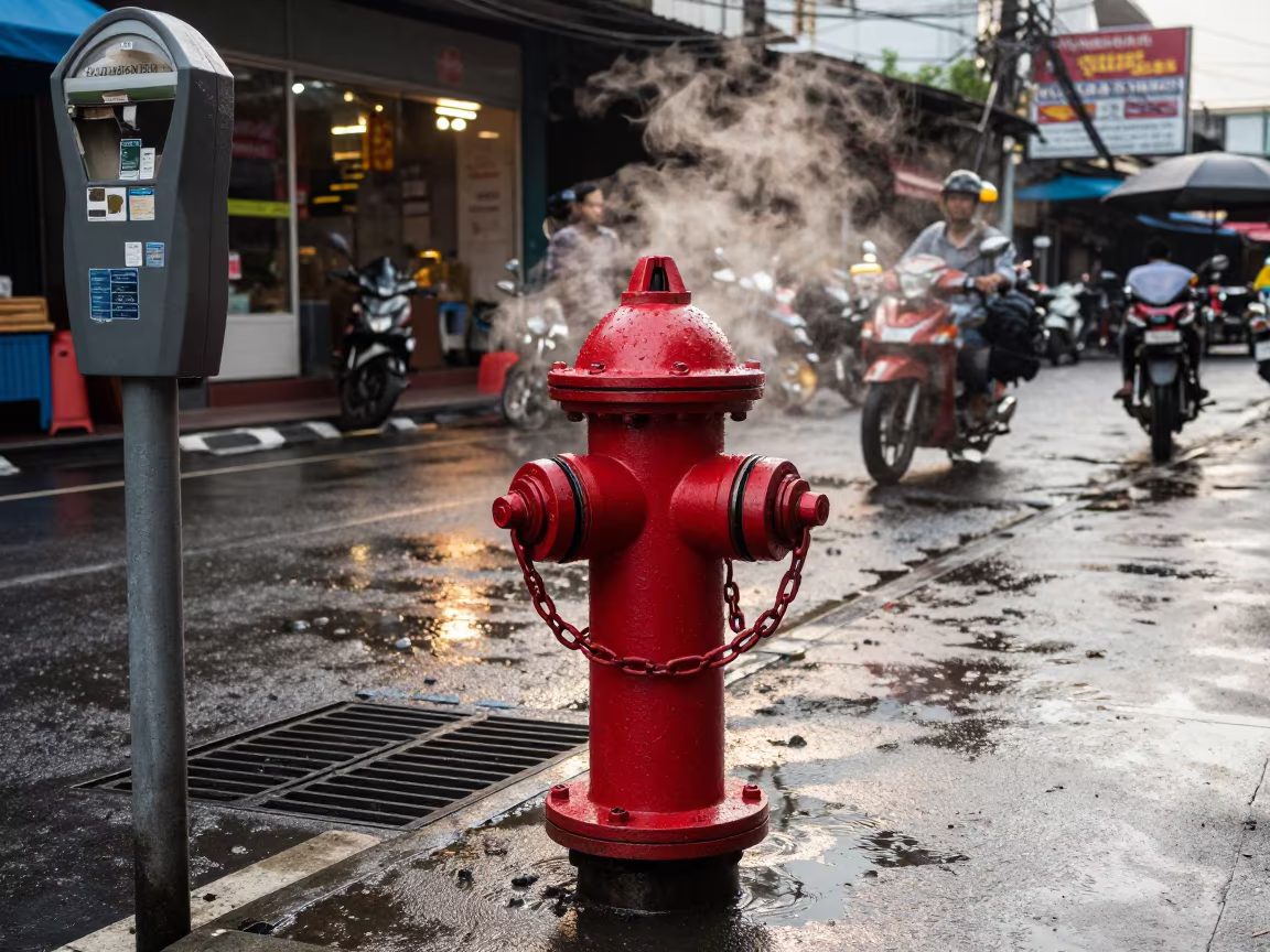 Rain-Soaked Hydrant Chained to Meter in Palembang in along a market-lined side street in Palembang