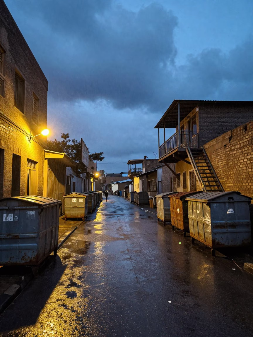 Rain-soaked Kassala Alley at Twilight in outside a metro entrance in Kassala