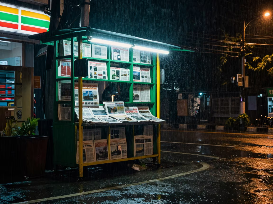 Rain soaked newspaper stand Navi Mumbai night in outside a fluorescent convenience store in Navi Mumbai