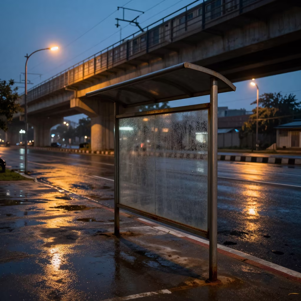 Rain-soaked Newspaper Stand Under Sialkot Train in under an elevated train line in Sialkot