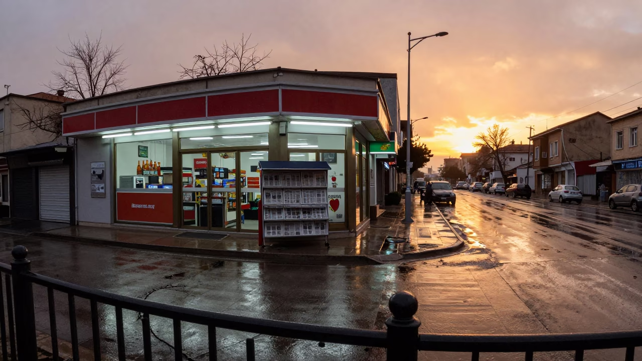 Rain-soaked Newspaper Stand in Winter in outside a fluorescent convenience store in Diyarbakır
