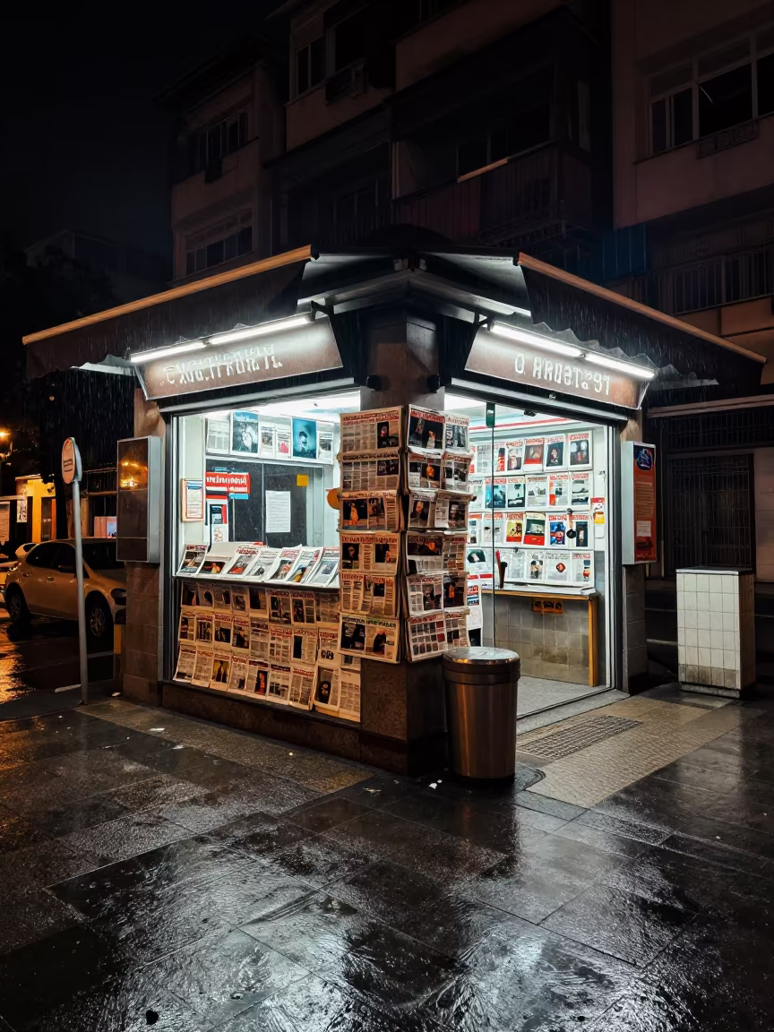 Rain-Soaked Newsstand at Dawn in Antalya in outside a metro entrance in Antalya