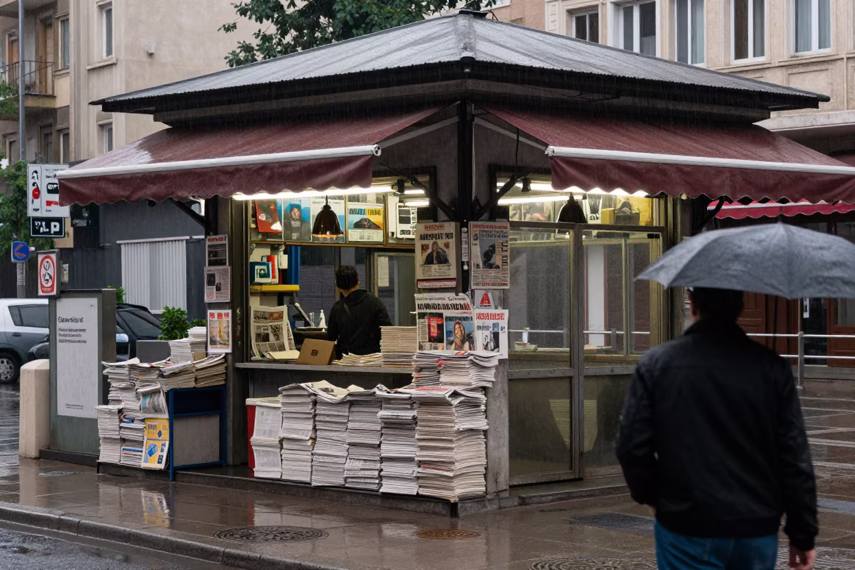 Rain Soaked Newsstand Gaziantep Metro Dawn in outside a metro entrance in Gaziantep
