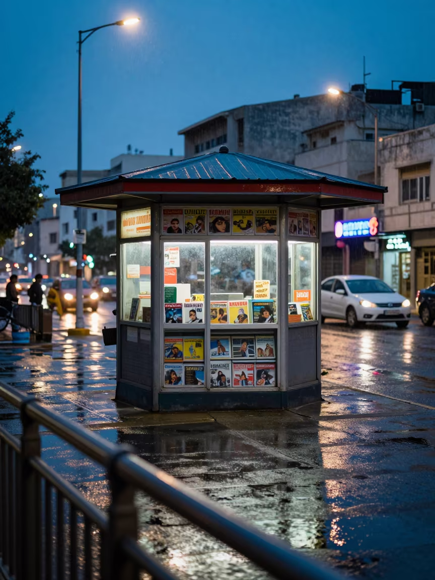 Rain-Soaked Newsstand Reflections Port Said in by a rain-darkened kiosk in Port Said
