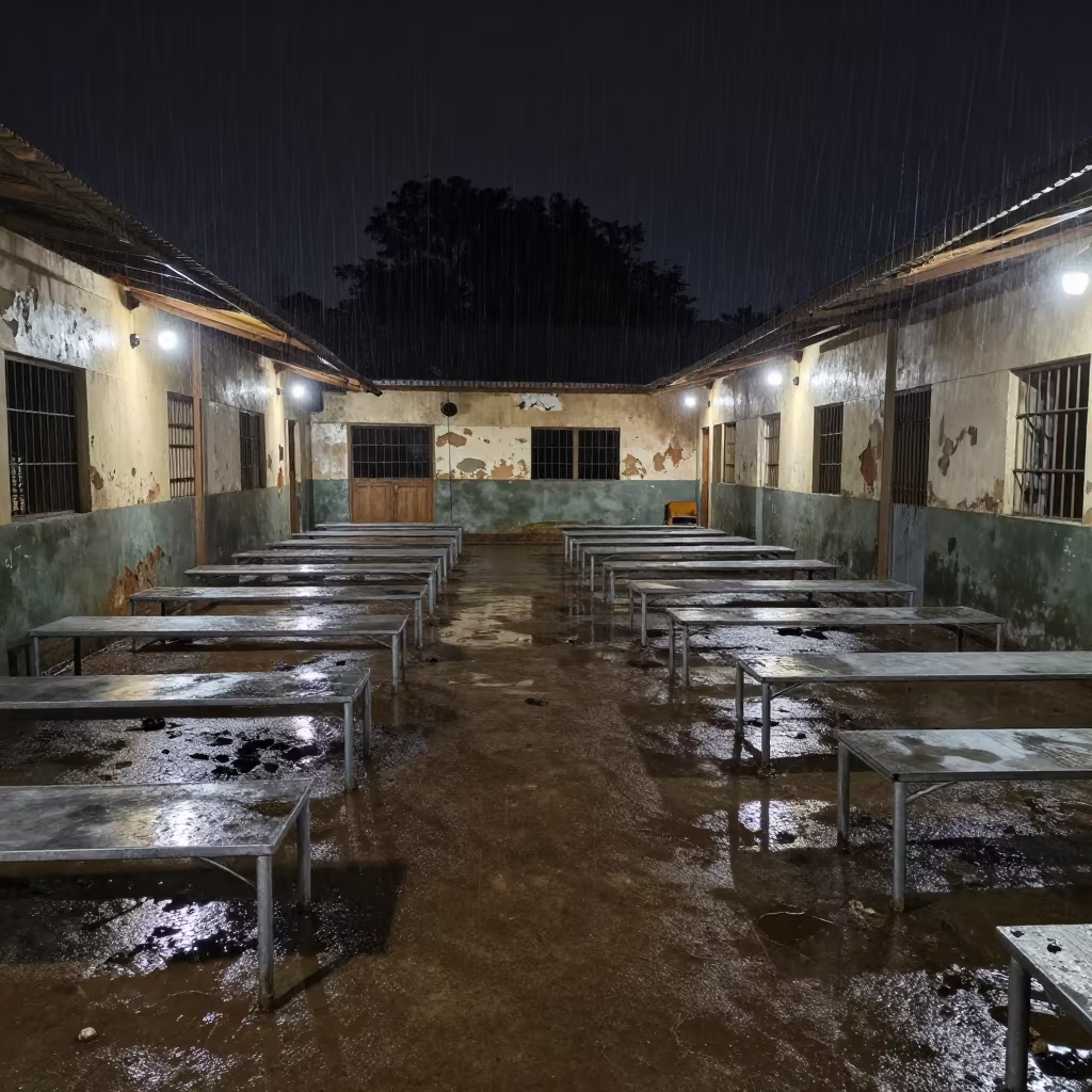 Rain Soaked Nigerian Barracks with Polished Cots in along a derelict bunk room open to rain and wind in Nigeria