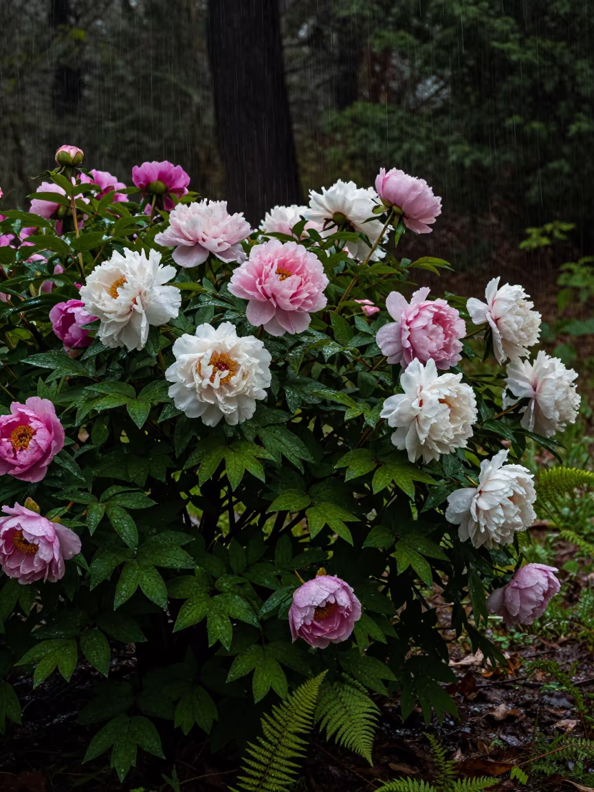Rain-Soaked Peony Bush Dawn in Slovakian Forest in on a fern-lined forest floor in Slovakia