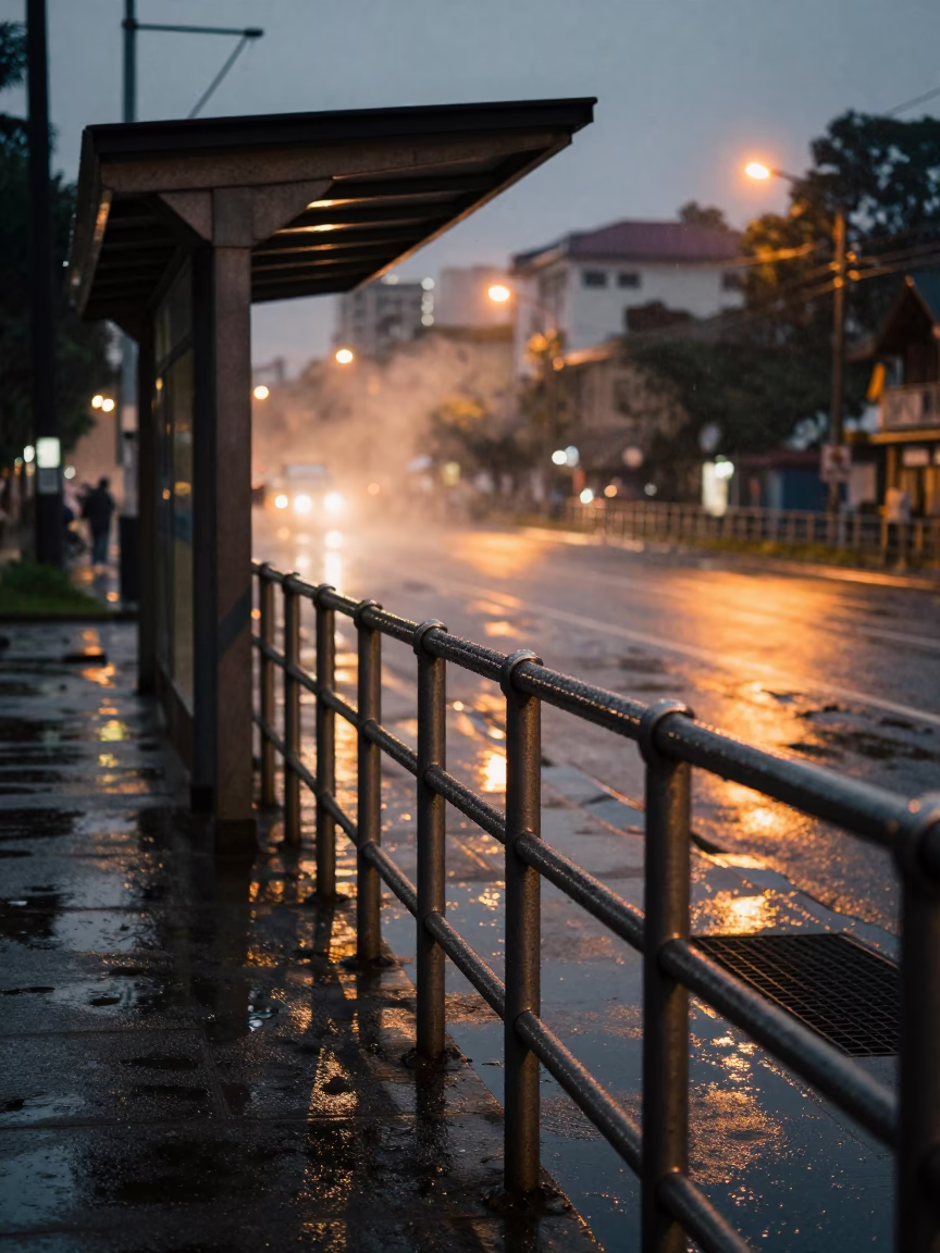 Rain Soaked Railing at Kandy Tram Stop Twilight in at a tram stop in Kandy