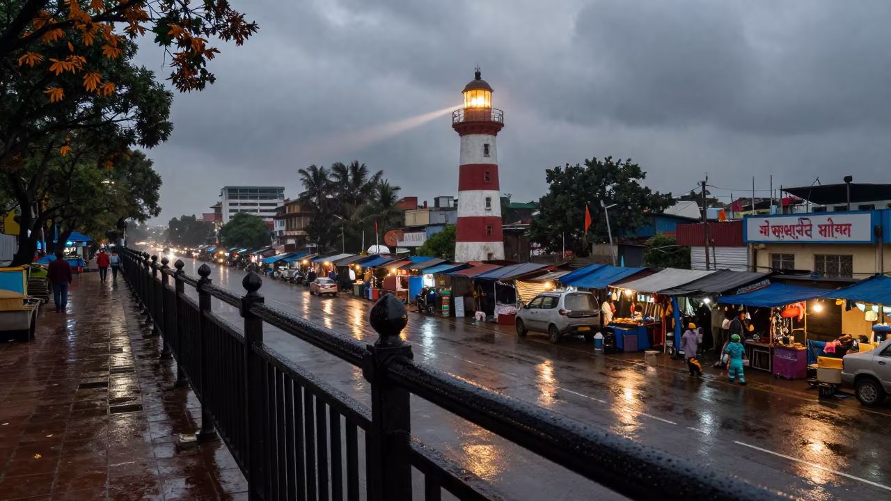 Rain Soaked Railing Over Dhaka Before Dawn in along a market-lined side street in Dhaka