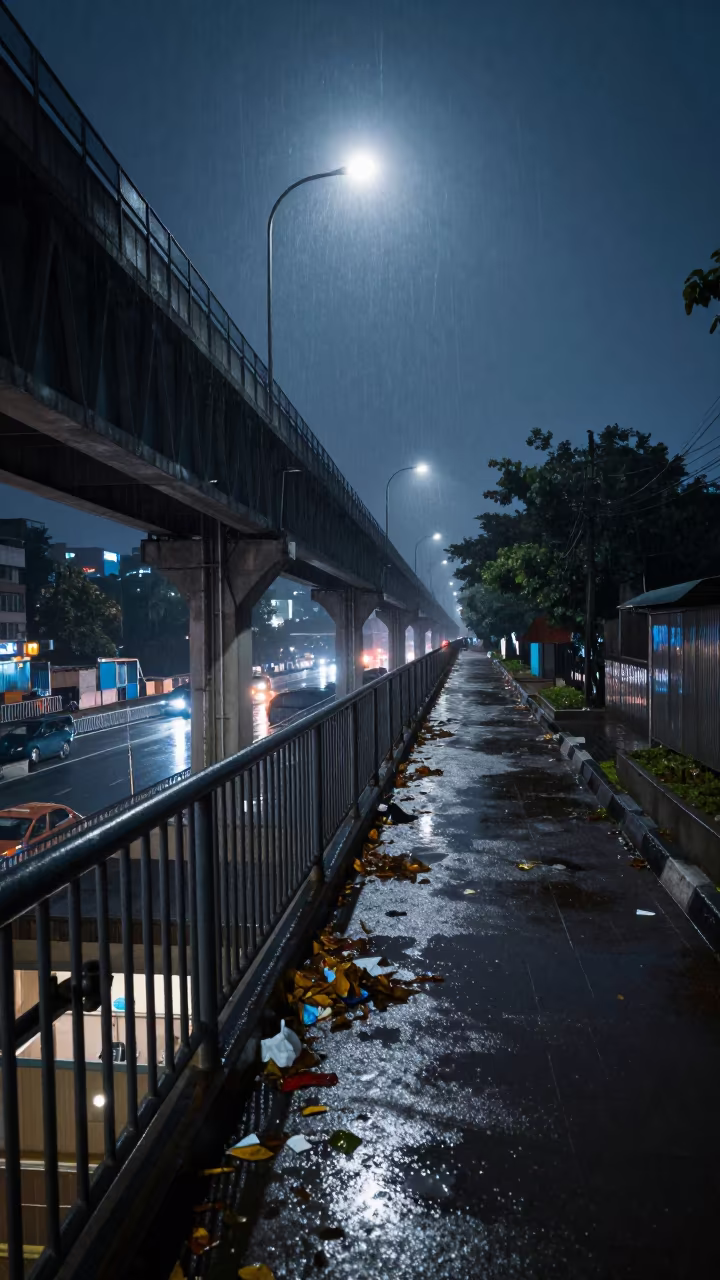 Rain Soaked Railing Over Mumbai Metro Predawn in outside a metro entrance in Mumbai