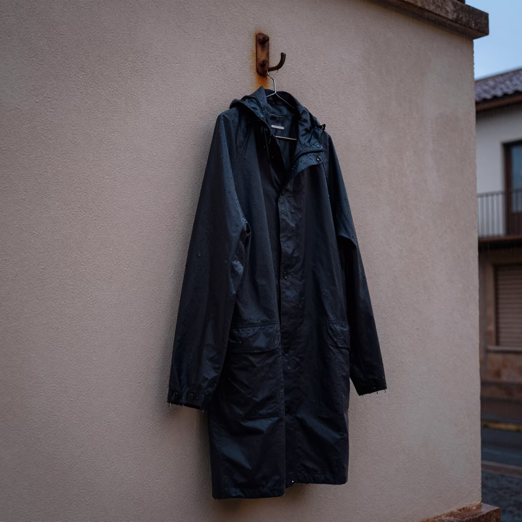 Rain-soaked Raincoat in Valencia in in Valencia, Spain