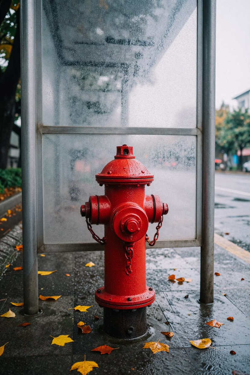 Rain-Soaked Red Hydrant at Songshan Tram Stop in at a tram stop in Songshan, Taipei