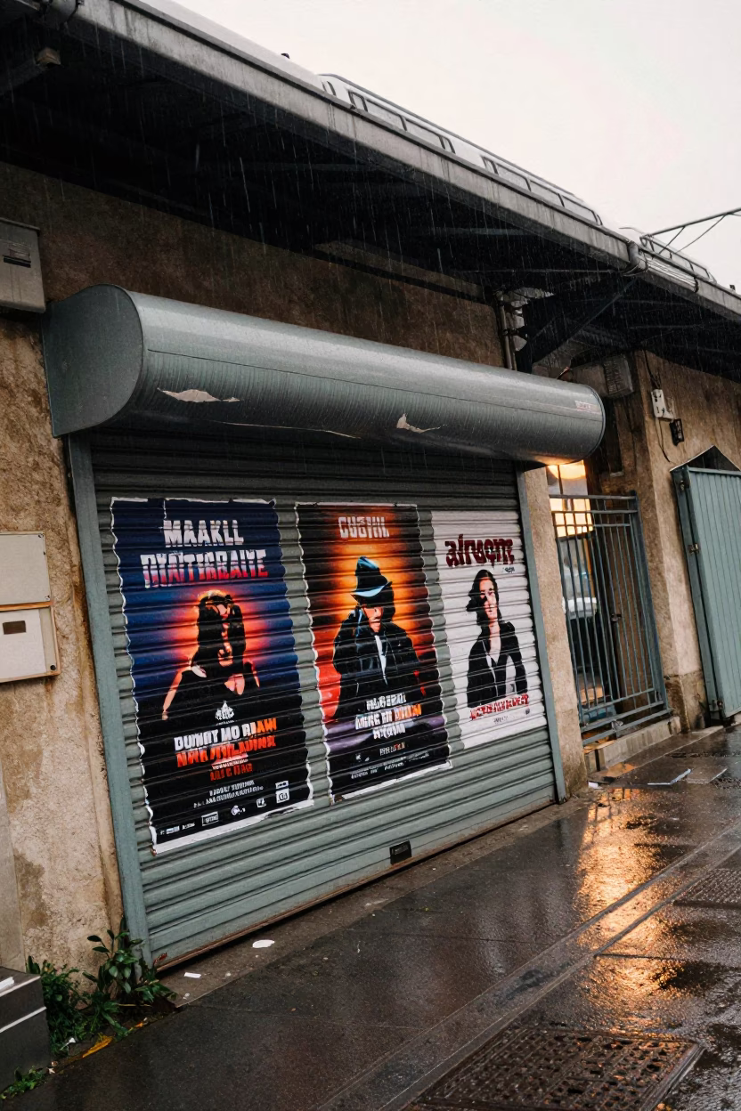 Rain-Soaked Roller Door Under Diyarbakir Train Line in under an elevated train line in Diyarbakir