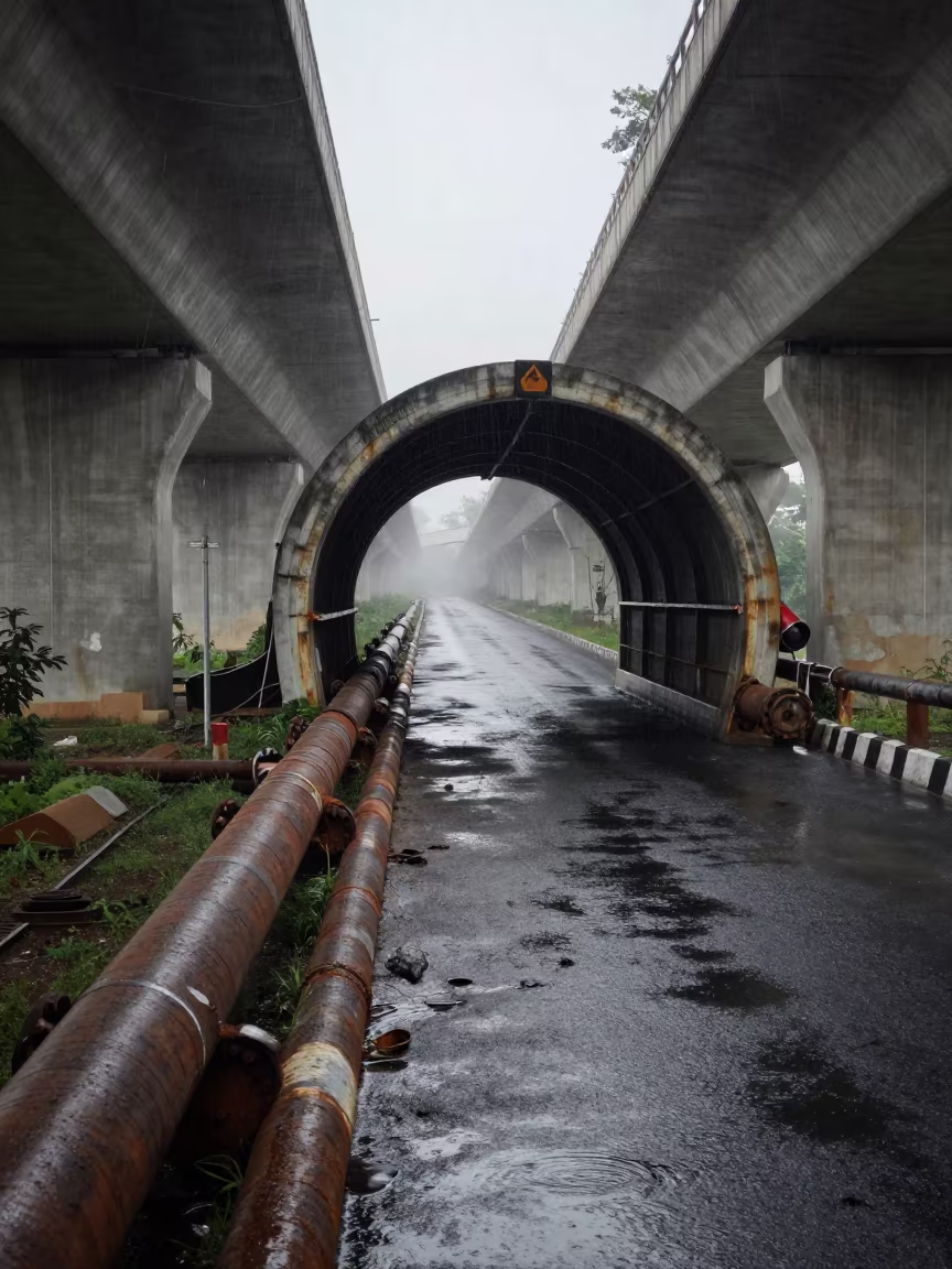 Rain-Soaked Service Tunnel Raipur Monsoon Dawn in across a windy overpass interchange near Raipur
