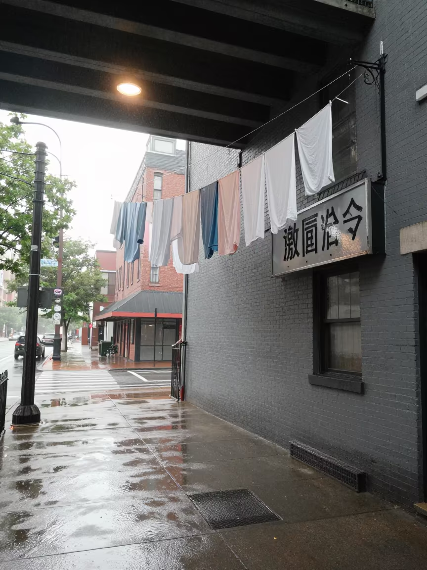 Rain Soaked Shop Signs Under Flickering Light in beneath a flickering underpass light in Boston