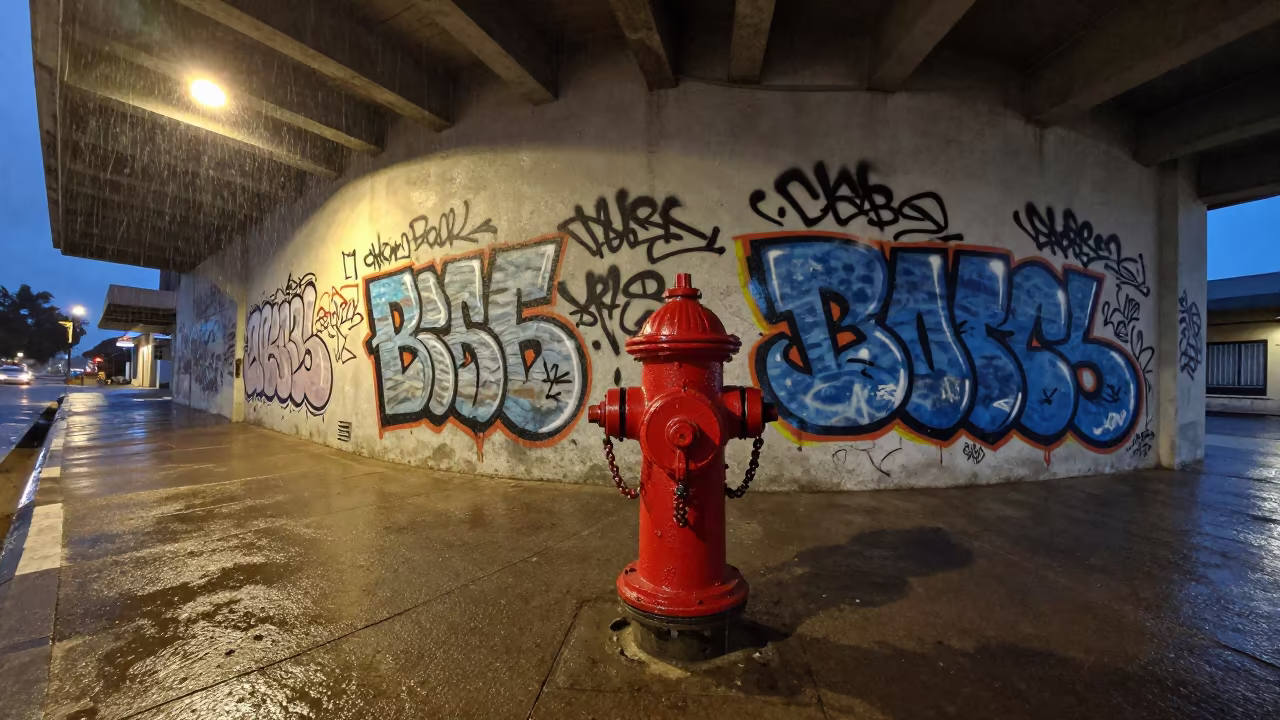 Rain-Soaked Sidewalk and Graffiti Behind Hydrant in beneath a flickering underpass light in Lilongwe