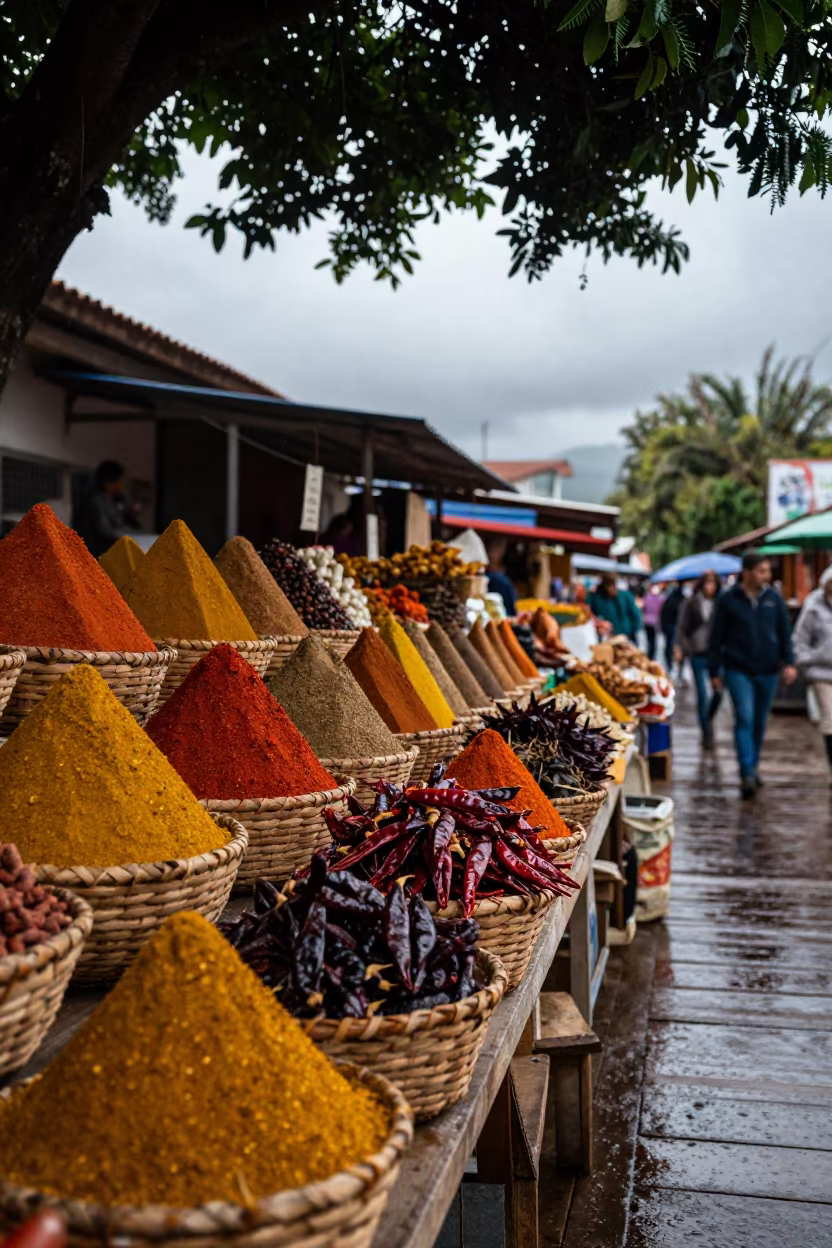 Rain-Soaked Spice Stalls in La Asunción Bazaar in in a covered bazaar aisle in La Asunción