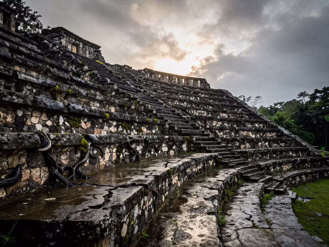 Rain-soaked Stone Amphitheater Ruin Guatemala in inside a roofless nave in Guatemala