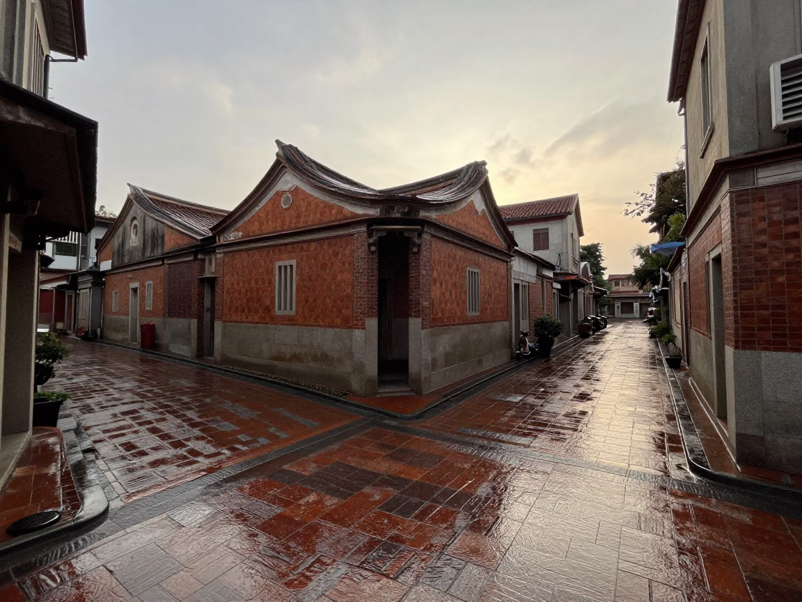 Rain soaked street corner in Tainan Taiwan early morning light in in Tainan, Taiwan