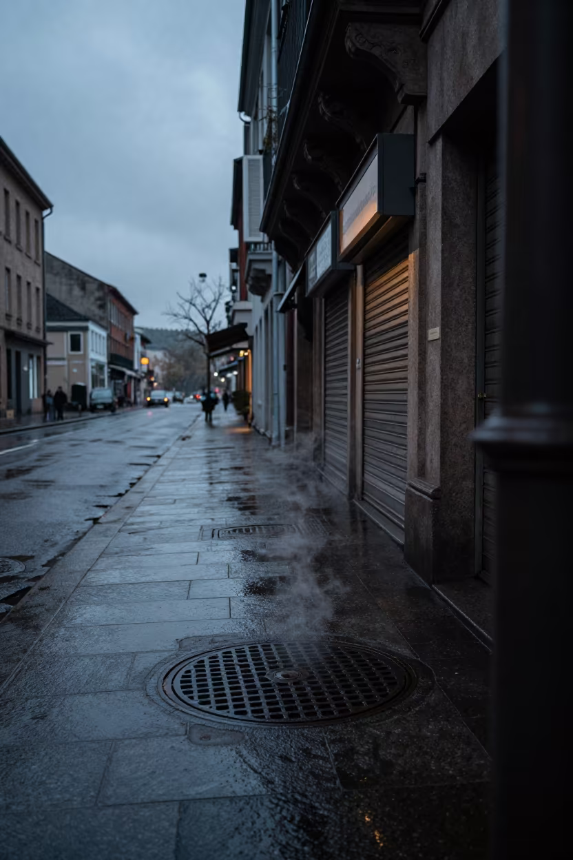 Rain-soaked street corner steaming manhole Saint-Louis in along a shuttered arcade in Saint-Louis