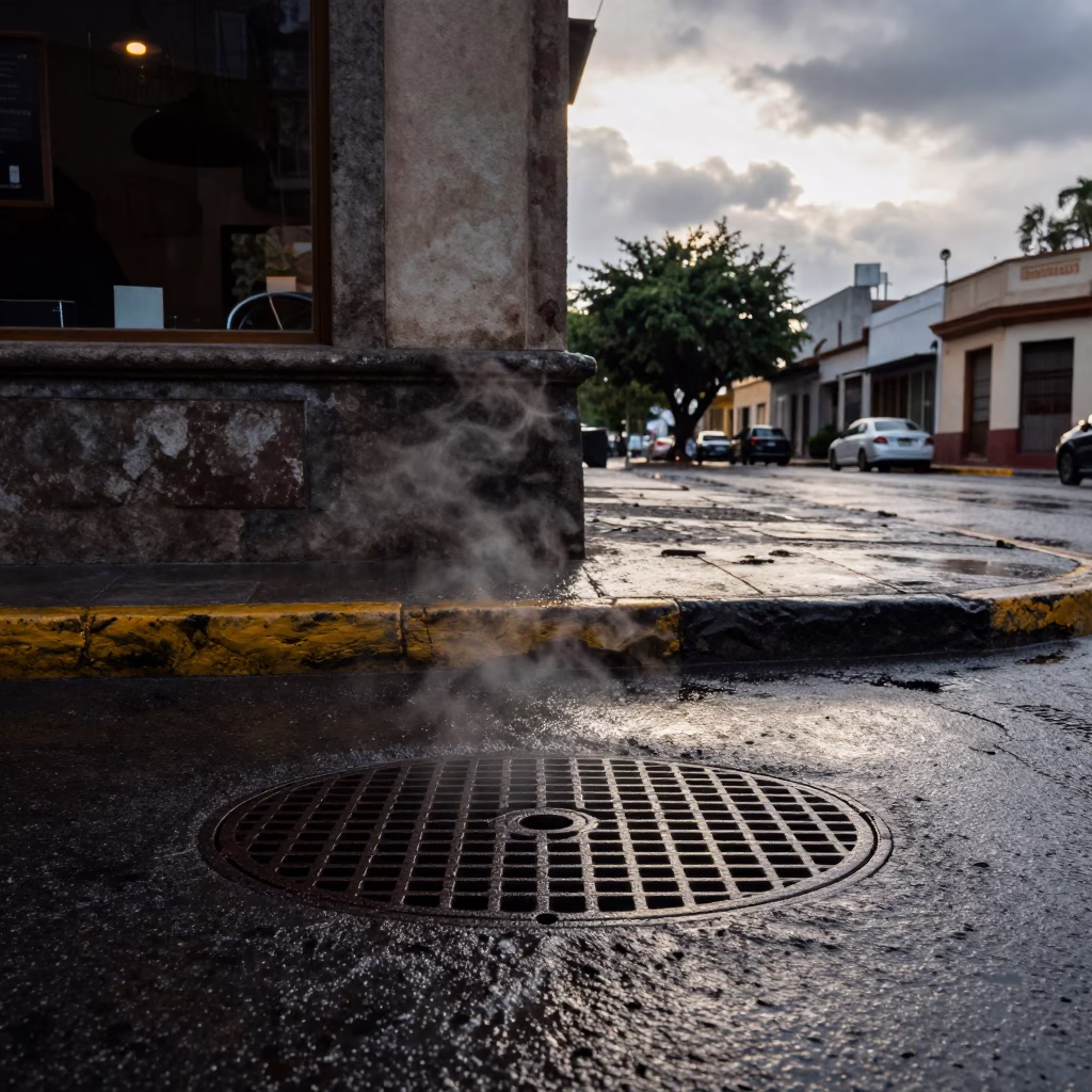 Rain-soaked street corner with steaming manhole in outside a corner cafe in Gómez Palacio