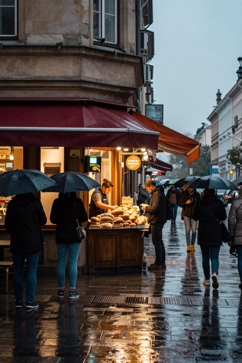 Rain-soaked Street in Budapest in in Budapest, Hungary