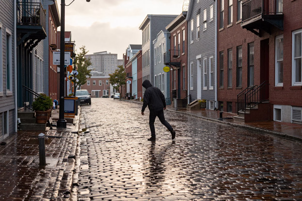 Rain-soaked Street in Halifax in in Halifax, Nova Scotia, Canada