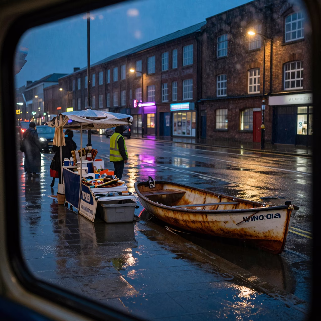 Rain-soaked Street in Liverpool in in Liverpool, United Kingdom