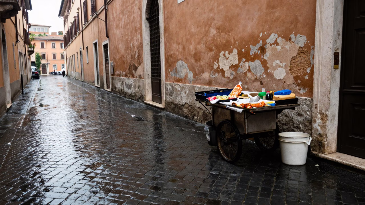 Rain-soaked Street in Rome in in Rome, Italy