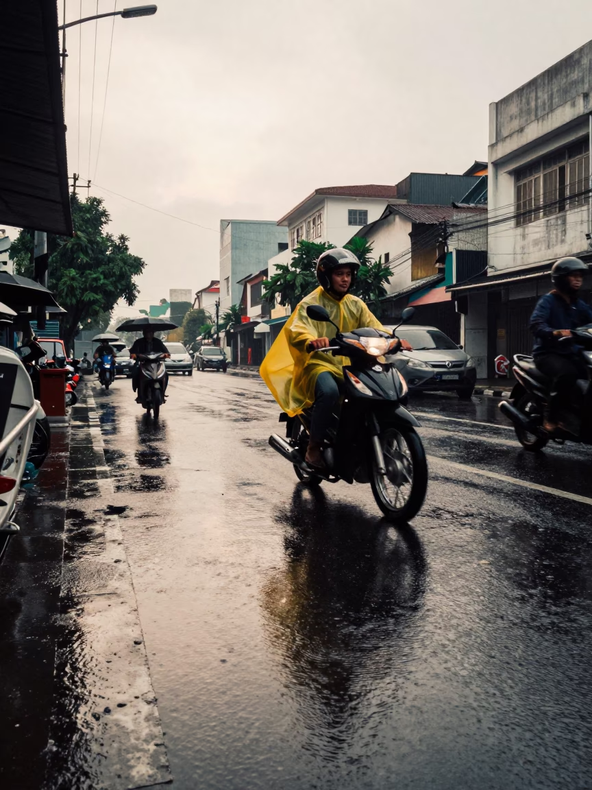 Rain-soaked Street in Surabaya in in Surabaya, Indonesia