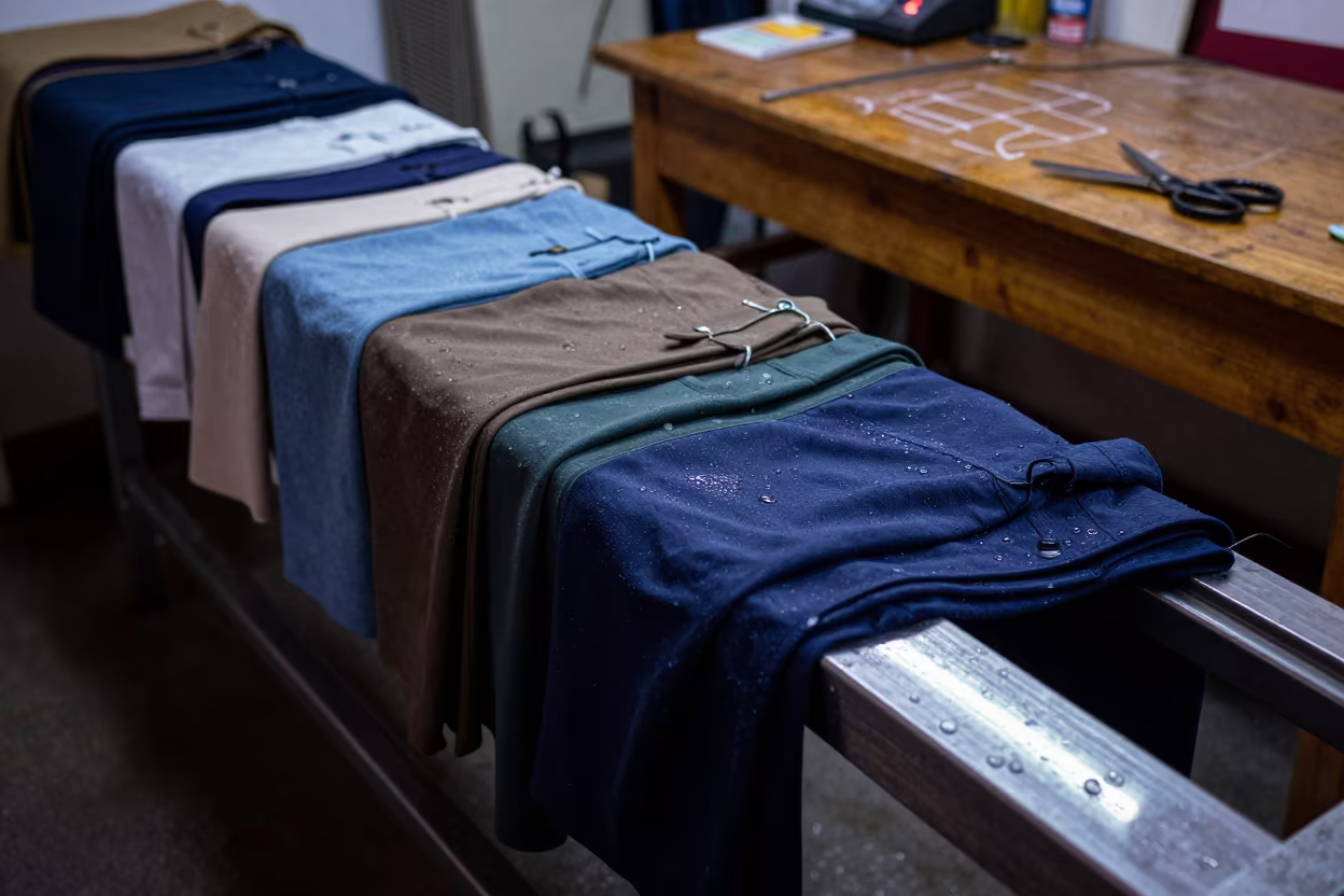 Rain-Soaked Streetwear Layers on Beijing Tailoring Table in at a tailoring table strewn with chalk and shears in Beijing