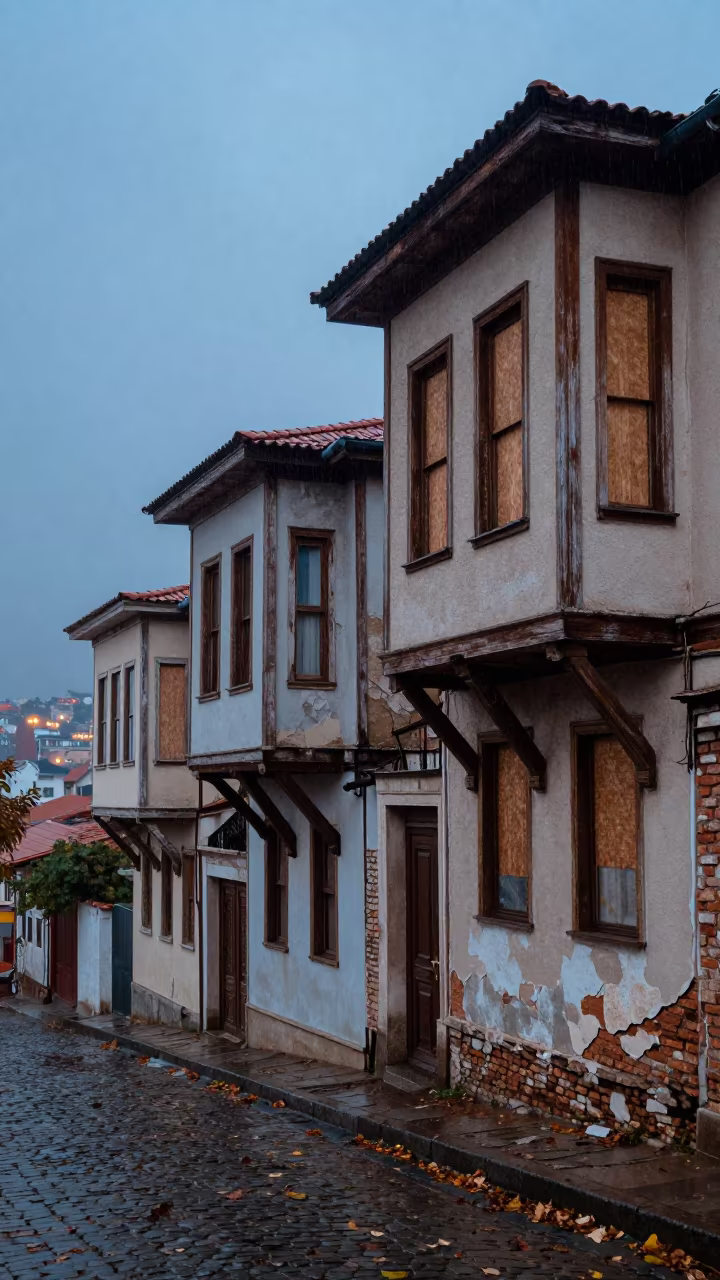 Rain soaked terraced houses near Mersin at dusk in near Mersin
