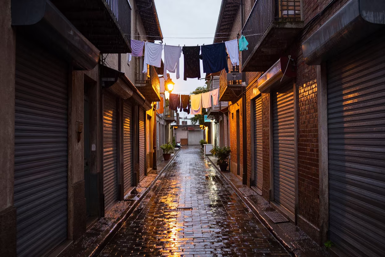 Rain-Soaked Trelew Alley at Dusk with Laundry in along a shuttered arcade in Trelew